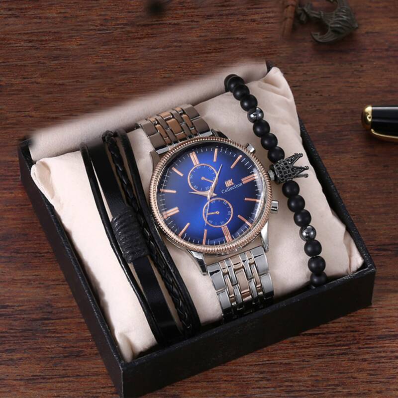 

1pc Guys Round Pointer Two Tone Strap Watch & 2pcs Bracelet