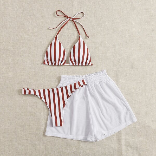 

3pack Striped Triangle Bikini Swimsuit & Mesh Shorts, Red and white