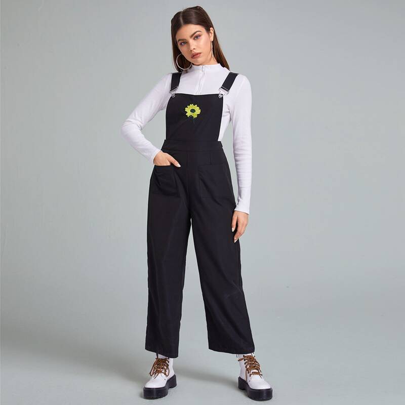 

Floral Embroidery Overall Jumpsuit, Black