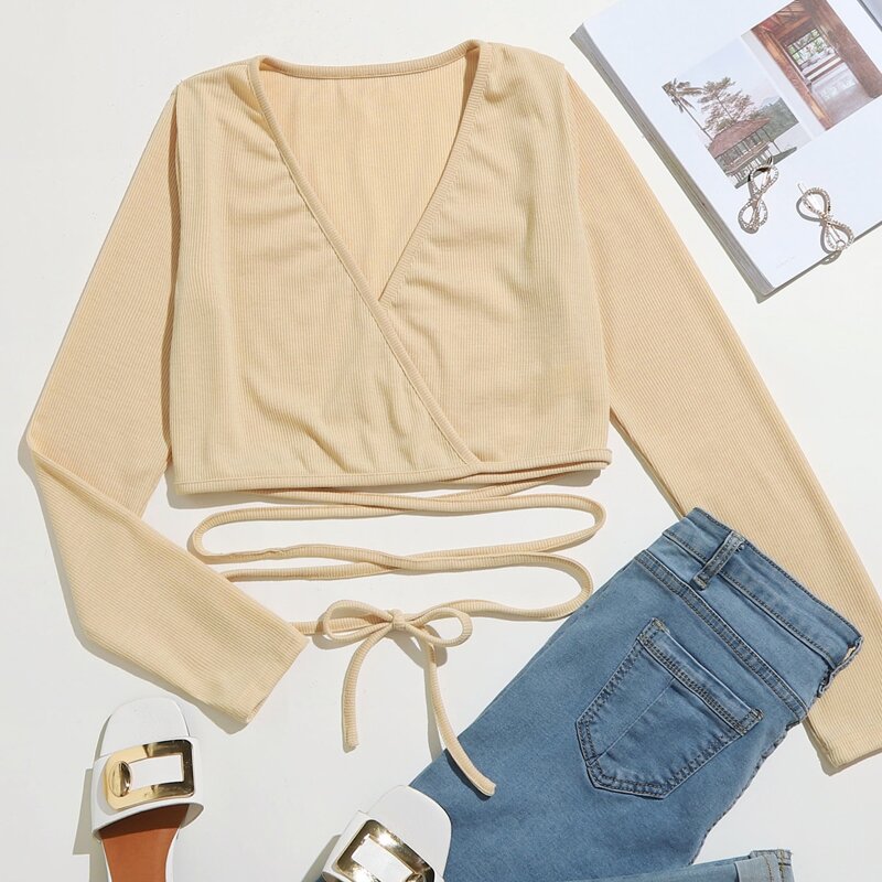 

Solid Tie Back Wrap Crop Top, Apricot