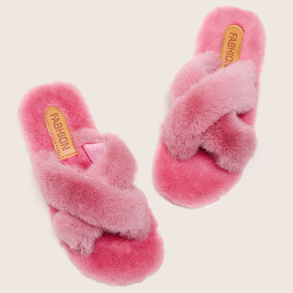 

Fluffy Cross Strap Open Toe Slippers, Hot pink