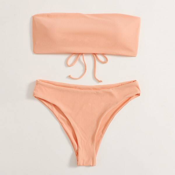 

Rib Lace-up Bandeau Bikini Swimsuit, Coral pink