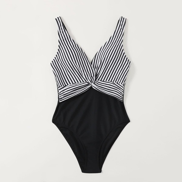 

Striped Twist Front One Piece Swimsuit, Black and white