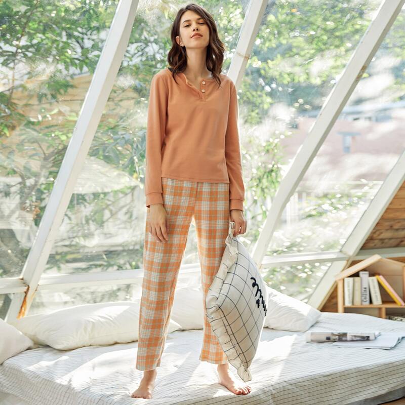 

Button Front Tee & Plaid Pants Pajama Set, Multicolor
