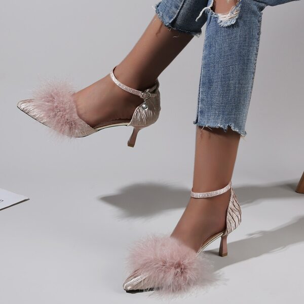 

Faux Fur Decor Ankle Strap Pumps, Baby pink