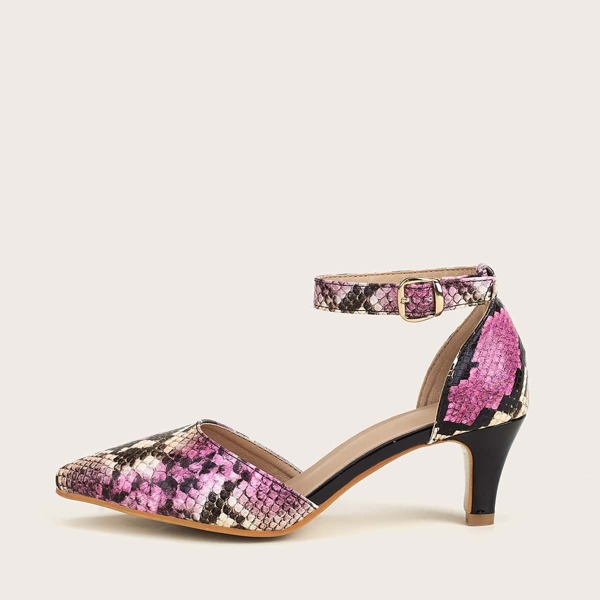 

Snakeskin Print Mid Heeled Ankle Strap Pumps, Multicolor