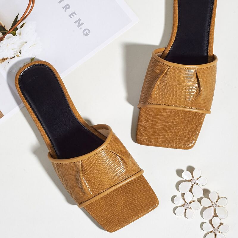 

Ruched Detail Slide Sandals, Brown