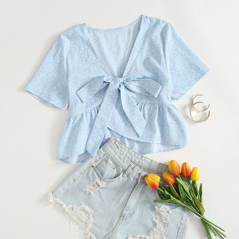 

Ditsy Flower Tie Front Crop Top, Baby blue