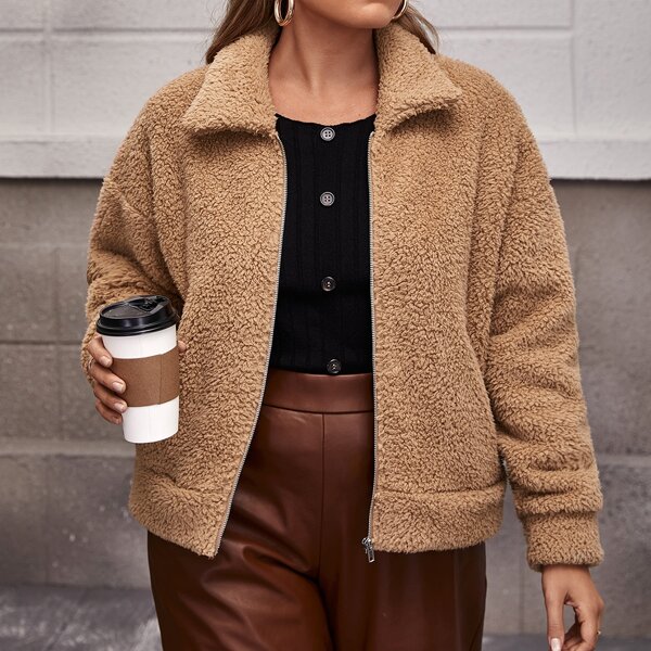 

Plus Solid Drop Shoulder Teddy Jacket, Camel