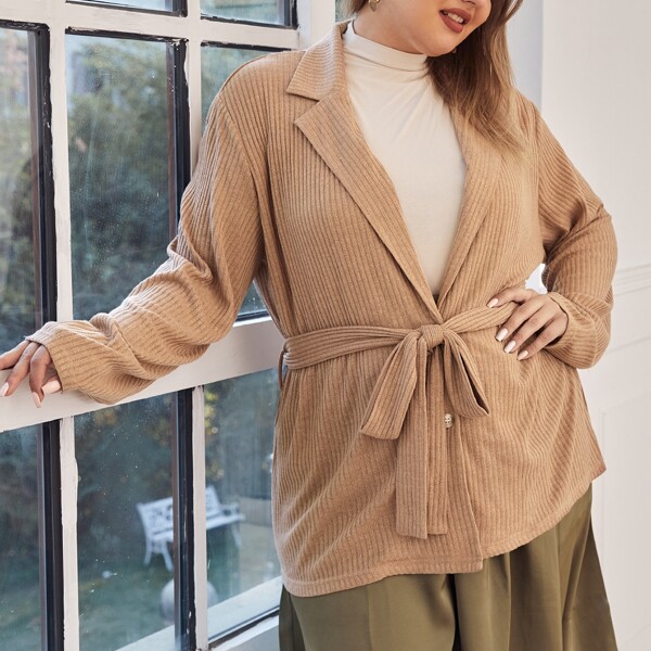 

Plus Lapel Collar Belted Coat, Khaki