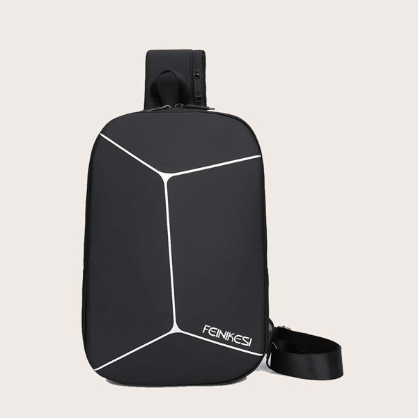 

Men Geometric Print Sling Bag, Black