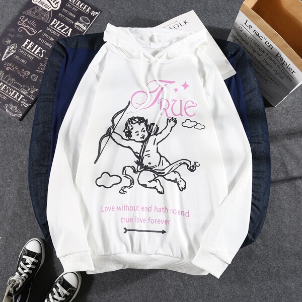 

Men Slogan And Angel Print Drawstring Hoodie, White