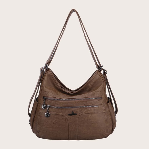 

Large Capacity Zip Front Shoulder Bag, Brown