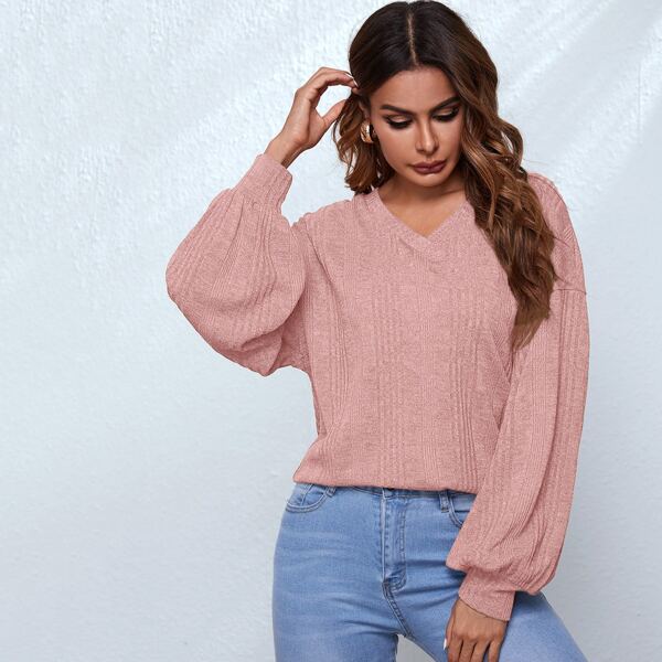 

V Neck Drop Shoulder Top, Pastel dusty pink