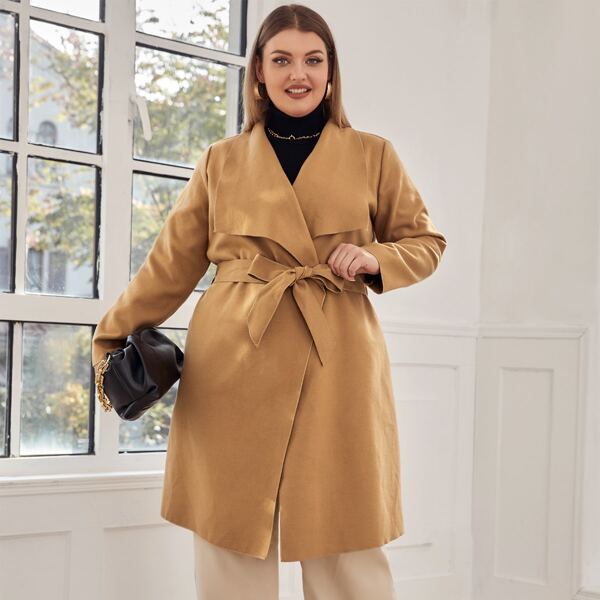 

Plus Waterfall Collar Belted Coat, Khaki