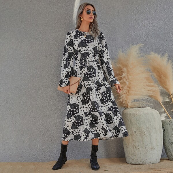

Patched Tie Front Ruffle Hem Dress, Black and white