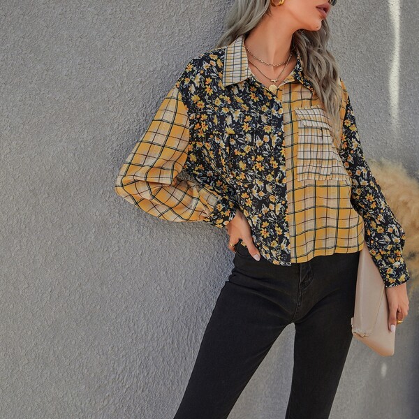 

Flower & Plaid Print Pocket Front Blouse, Multicolor