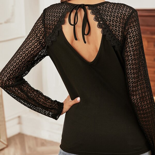 

Lace Yoke Cut Out Back Tee, Black