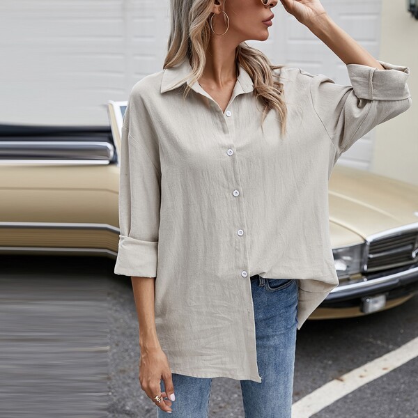 

Drop Shoulder Button Up Solid Blouse, Beige