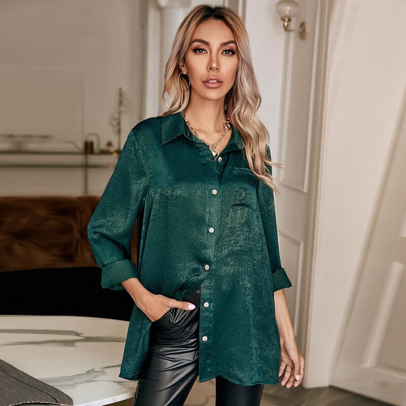 

Solid Pocket Front Longline Blouse, Dark green