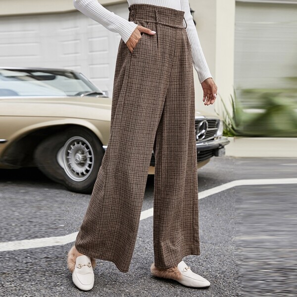 

Plaid Slant Pocket Wide Leg Pants, Mocha brown