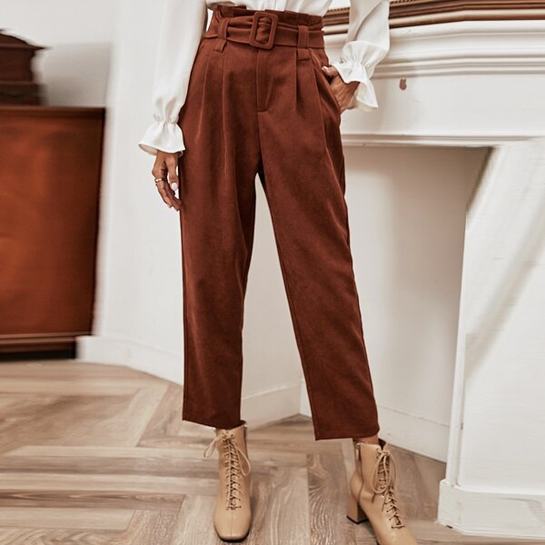 

Solid Slant Pocket Belted Corduroy Pants, Rust brown