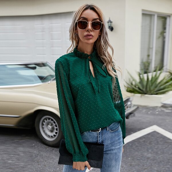 

Swiss Dot Tie Neck Sheer Blouse, Dark green