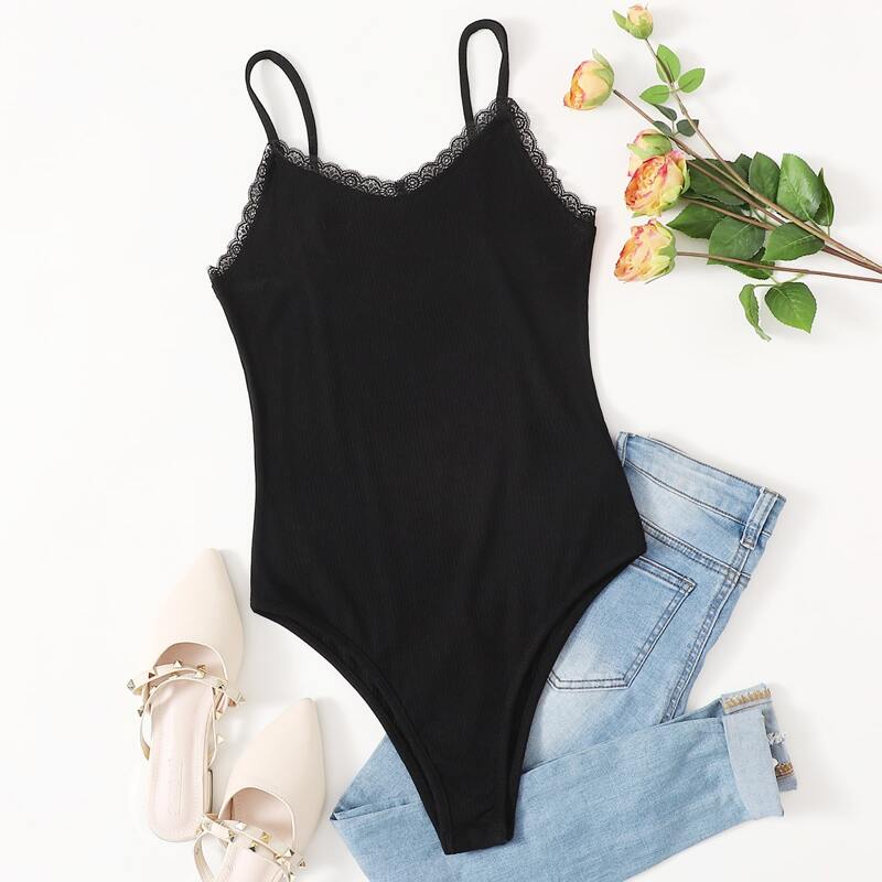 

Solid Contrast Lace Ribbed Bodysuit, Black