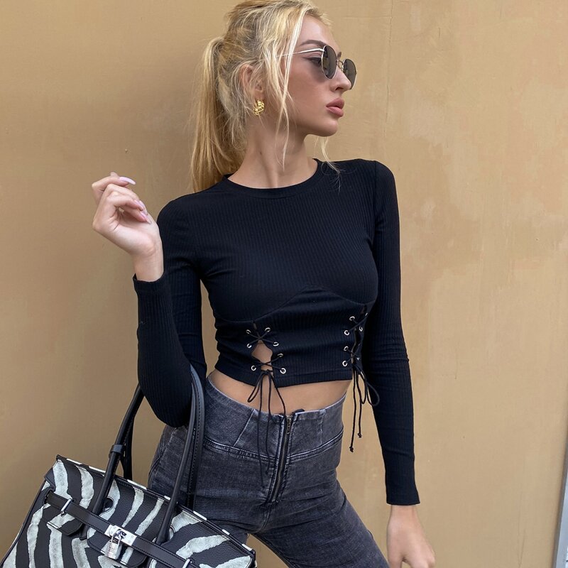 Lace Up Detail Rib-knit Crop Tee, Black