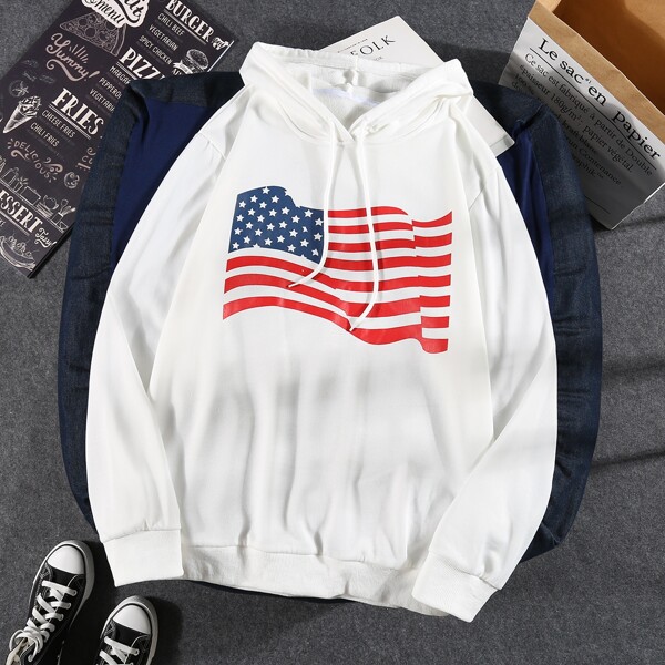 

Men American Flag Print Drawstring Hoodie, White