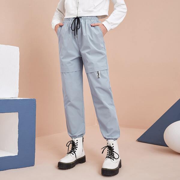 

Letter Patched Drawstring Waist Tapered Pants, Dusty blue
