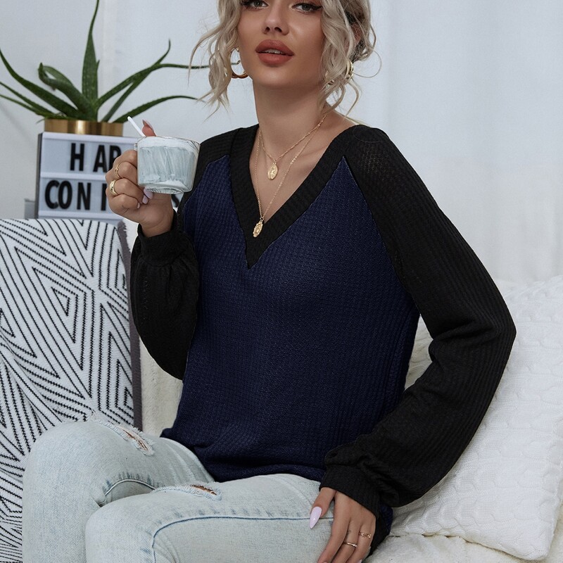 

Colorblock Raglan Sleeve Waffle Knit Pullover, Navy blue