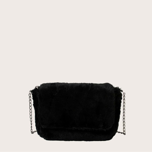 

Fluffy Flap Chain Crossbody Bag, Black
