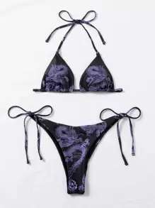 Chinese Dragon Print Micro Triangle Bikini Set Summer Beach - Multicolor - View 1