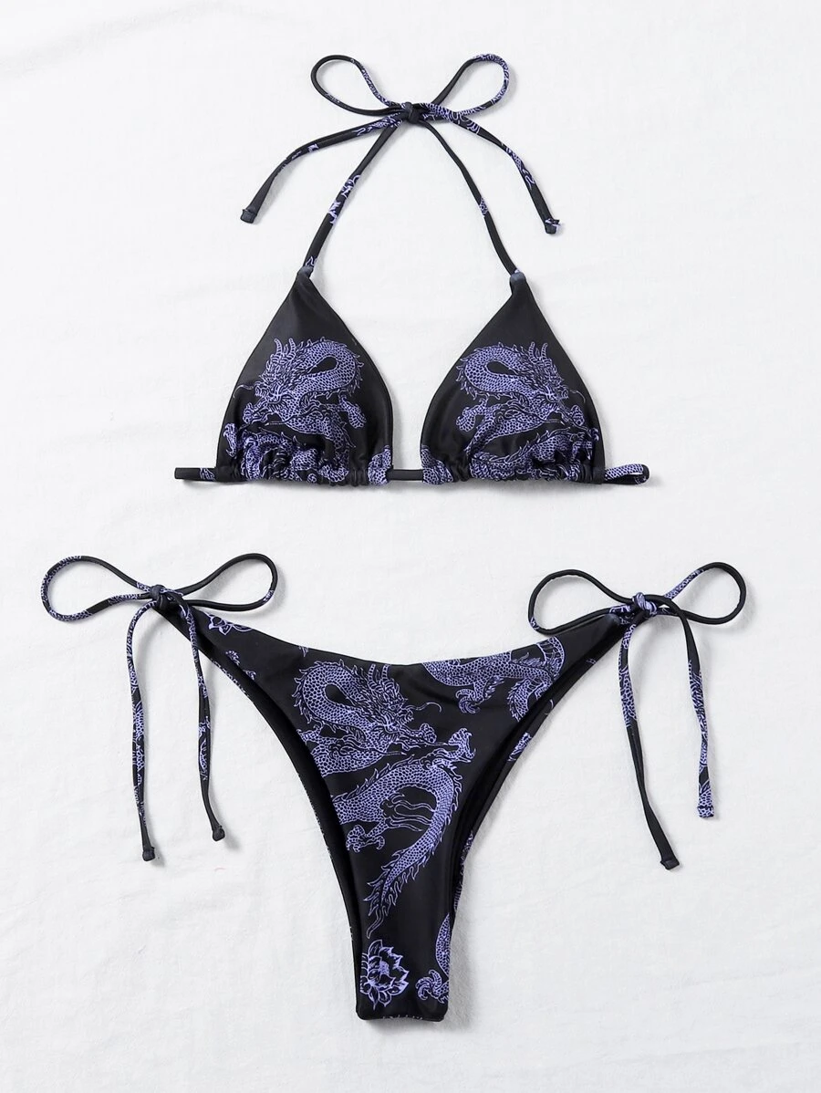 Chinese Dragon Print Micro Triangle Bikini Set Summer Beach - Multicolor - View 1