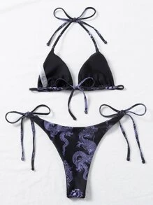Chinese Dragon Print Micro Triangle Bikini Set Summer Beach - Multicolor - View 2