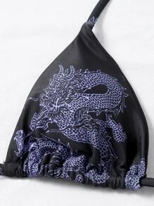 Chinese Dragon Print Micro Triangle Bikini Set Summer Beach - Multicolor - View 3
