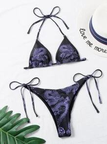 Chinese Dragon Print Micro Triangle Bikini Set Summer Beach - Multicolor - View 5