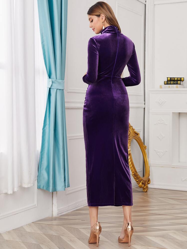 High Neck Ruched Velvet Dress