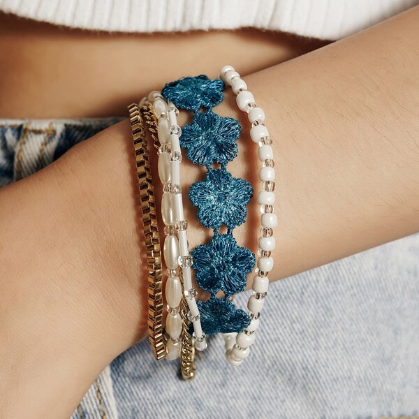 

Faux Pearl Decor Layered Bracelet, Blue