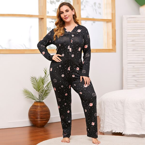 

Plus V-neck Galaxy Print Sleep Jumpsuit, Black