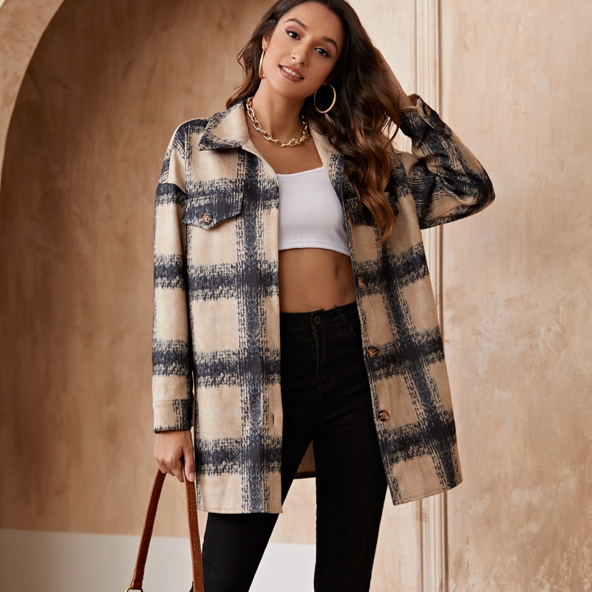 Image of Drop Shoulder Buttoned Plaid Overcoat