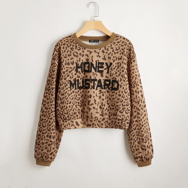 

Letter and Leopard Print Pullover, Brown