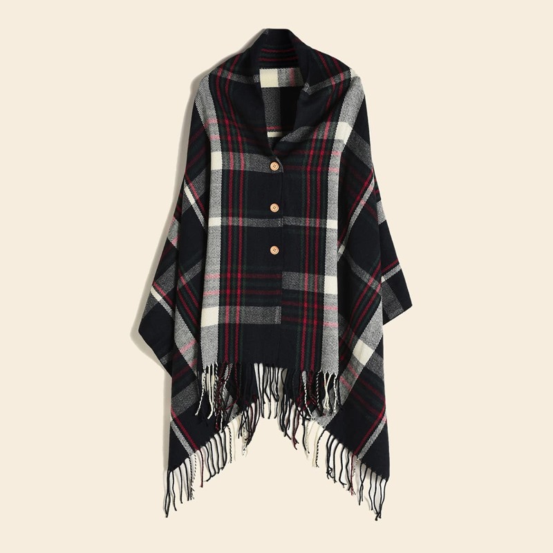 

Plaid Pattern Fringe Hem Scarf, Army green