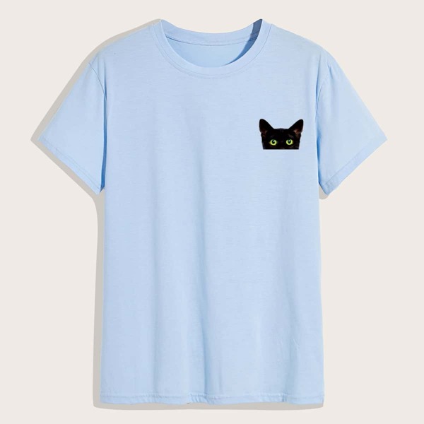 

Men Cat Print Round Neck Tee, Baby blue