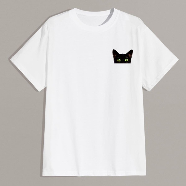 

Men Cat Print Round Neck Tee, White