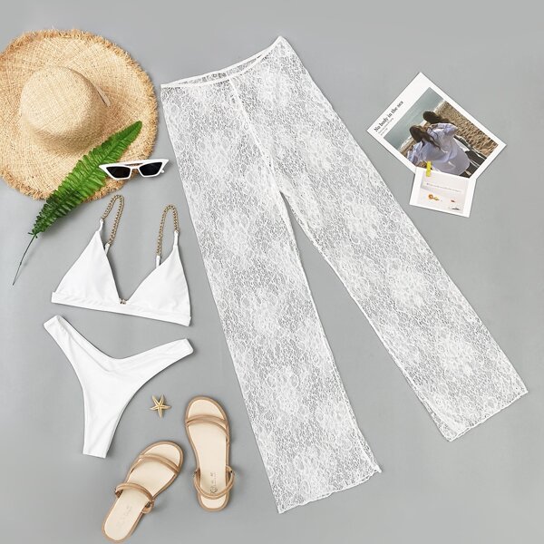 

3pack Micro Triangle Bikini Swimsuit & Lace Cover Up Pants, White