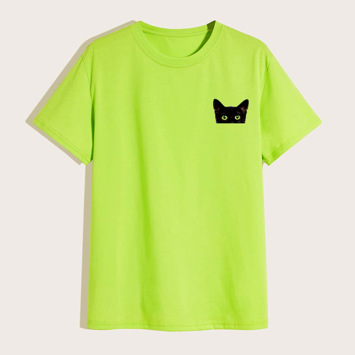 

Men Cat Print Round Neck Tee, Mint green