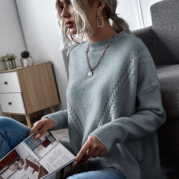 

Cable Knit Split Hem Sweater, Grey