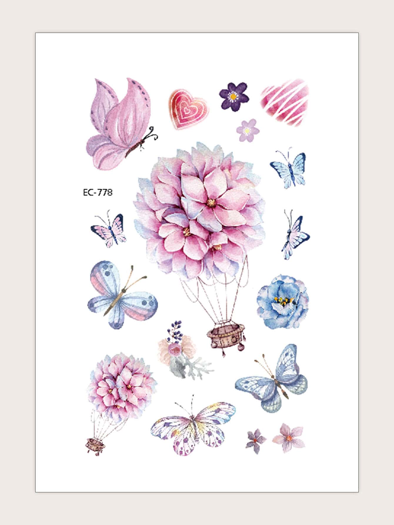 1張花朵和蝴蝶圖案紋身貼紙 - 彩色 - 查看 1